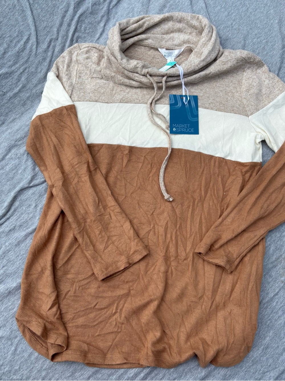Market & Spruce Colorblock Cowl Neck Sweater in Brown, Cream, Tan